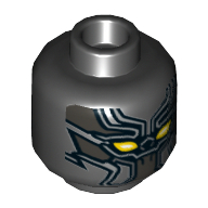 Tête de minifigurine Black Panther, armure, yeux jaunes, lignes argentées motif imprimé (Minifig Head Black Panther, Armor, Yellow Eyes, Silver Lines Print)