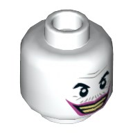 Tête de minifigurine Joker, rides grises et moustache, lèvres rose foncé, grand sourire aux dents serrées / lèvres fourrées motif imprimé (Minifig Head Joker, Gray Wrinkles and Moustache, Dark Pink Lips, Wide Grin with Clenched Teeth / Lips Pursed Print)
