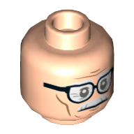 Tête de minifigurine Alfred Pennyworth, lunettes à double face, moustache blanche, rides, traits sur les joues, motif : sourire / air renfrogné [tenon creux] (Minifig Head Alfred Pennyworth, Dual Sided Glasses, White Moustache, Wrinkles, Cheek Lines, Smile / Frown Print [Hollow Stud])