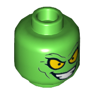 Tête de minifigurine Bouffon Vert, double visage, yeux jaunes, en colère / motif imprimé Evil grand sourire grand [tenon creux] (Minifig Head Green Goblin, Dual Sided, Yellow Eyes, Angry / Wide Evil Grin Print [Hollow Stud])