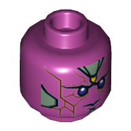 Tête de minifigurine Vision, yeux pourpre foncé, tache jaune sur le devant, motif imprimé panneaux vert sable (Minifig Head Vision, Dark Purple Eyes, Yellow Spot on Forehead, Sand Green Panels Print)