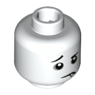 Tête de minifigurine garçon effrayant, sourcils, sourcil droit levé, cernes gris bleuté foncé, bouche baissée avec motif imprimé croc (Minifig Head Spooky Boy, Eyebrows, Raised Right Eyebrow, Dark Bluish Gray Eye Circles, Downturned Mouth with Fang Print)