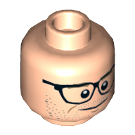Tête de minifigurine Kevin Beckman, double visage, lunettes, sourcils beige foncé, Barbe cahoteuse, sourire / yeux rouges, motif : en colère [tenon creux] (Minifig Head Kevin Beckman, Dual Sided, Glasses, Dark Tan Eyebrows, Stubble Beard, Smile / Red Eyes, Angry Print [Hollow Stud])