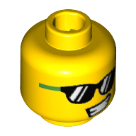 Tête de minifigurine personnage en costume de banane, lunettes de soleil vert vif et noires, motif imprimé sourire ouvert asymétrique [tenon creux] (Minifig Head Banana Guy, Bright Green and Black Sunglasses, Lopsided Open Smile Print [Hollow Stud])