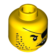 Tête de minifigurine Scallywag Pirate, Barbe Noire barbe naissante long, cache-œil, de travers ouvert Bouche avec 2 Dents motif imprimé [tenon creux] (Minifig Head Scallywag Pirate, Beard Black Stubble Long, Eyepatch, Crooked Open Mouth with 2 Teeth Print [Hollow Stud])