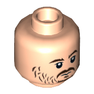 Tête de minifigurine Cassian Andor, barbe naissante, sourcils bruns, motif : sourire / expression neutre (Minifig Head Cassian Andor, Beard Stubble, Brown Eyebrows, Smile / Neutral Print)