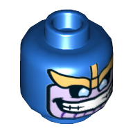 Tête de minifigurine Thanos, cagoule, visage lavande, visière en forme d'aile en métal doré, yeux bleus, grand bouche avec motif imprimé dents (Minifig Head Thanos, Balaclava, Lavender Face, Gold Metal Wing-Shaped Visor, Blue Eyes, Wide Mouth with Teeth Print)