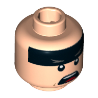 Tête de minifigurine Batman, bande noire sur le avant, yeux plissés, motif : bouche ouverte [tenon creux] (Minifig Head Batman, Black Stripe on Forehead, Squinted Eyes, Open Mouth Print [Hollow Stud])