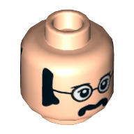 Tête de minifigurine john (les beatles), lunettes avec verres blancs, favoris et moustache, motif imprimé neutre / souriant (Minifig Head John (The Beatles), Glasses with White Lenses, Sideburns and Moustache, Neutral / Smiling Print)