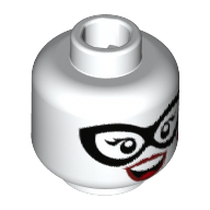 Tête de minifigurine Harley Quinn, masque oculaire noir, lèvres rouge foncé, langue rouge, diamant sur la joue, sourire ouvert avec motif imprimé des dents supérieures (Minifig Head Harley Quinn, Black Eyemask, Dark Red Lips, Red Tongue, Diamond on Cheek, Open Smile with Top Teeth Print)
