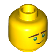 Tête de minifigurine Lloyd, double visage, sourcils brun rougeâtre, yeux verts, sourire léger / motif imprimé concerné [tenon creux] (Minifig Head Lloyd, Dual Sided, Reddish Brown Eyebrows, Green Eyes, Slight Smile / Concerned Print [Hollow Stud])