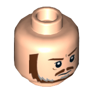 Tête de minifigurine Qui-Gon Jinn, double face, barbe brune et grise, sourcils bruns, moustache, pupilles blanches, froncement de sourcils / motif imprimé effrayé [tenon creux] (Minifig Head Qui-Gon Jinn, Dual Sided, Brown and Gray Beard, Brown Eyebrows, Moustache, White Pupils, Frown / Scared Print [Hollow Stud])