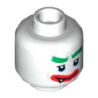 Tête de minifigurine Joker, sourcils verts double face, lèvres rouges, 1 croc, sourire sardonique / inquiet motif imprimé grand sourire [tenon creux] (Minifig Head Joker, Dual Sided Green Eyebrows, Red Lips, 1 Fang, Sardonic Smile / Worried Wide Grin Print [Hollow Stud])
