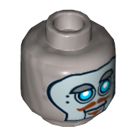 Tête de minifigurine Robot Hoodlum, yeux bleus de robot, panneau de visage argenté, sourcil levé, motif : moustache brune et bouc [tenon creux] (Minifig Head Robot Hoodlum, Blue Robot Eyes, Silver Face Panel, Raised Eyebrow, Brown Moustache and Goatee Print [Hollow Stud])