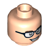 Tête de minifigurine Justin Hammer, double face, lunettes avec lentilles blanches, sourcils bruns foncés, bouche ouverte / bouche fermée, motif imprimé sourcils levés [tenon creux] (Minifig Head Justin Hammer, Dual Sided, Glasses with White Lenses, Dark Brown Eyebrows, Open Mouth Smile / Closed Mouth, Raised Eyebrow Print [Hollow Stud])