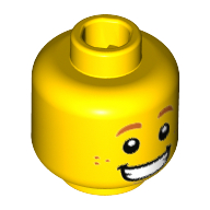 Tête de minifigurine Hot Dog Man, sourcils orange foncé et taches de rousseur, grand grand sourire avec motif imprimé de dents [tenon creux] (Minifig Head Hot Dog Man, Dark Orange Eyebrows and Freckles, Wide Grin with Teeth Print [Hollow Stud])