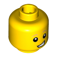 Tête de minifigurine de fusée garçon, sourcils orange foncé, gribouillis ouvert motif imprimé (Minifig Head Rocket Boy, Dark Orange Eyebrows, Lopsided Open Grin Print)