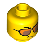 Tête de minifigurine Yuppie, lunettes de soleil orange et cuivre, sourcil droit surélevé, motif : sourire en coin [tenon creux] (Minifig Head Yuppie, Orange and Copper Sunglasses, Raised Right Eyebrow, Smirk Print [Hollow Stud])