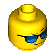 Tête de minifigurine, lunettes de soleil bleues, Sourcil gauche Motif imprimé surélevé [tenon creux] (Minifig Head, Blue Sunglasses, Left Eyebrow Raised Print [Hollow Stud])