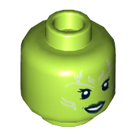 Tête de minifigurine Gamora, tatouages argentés, lèvres vert foncé, bouche ouverte sourire / motif imprimé en colère (Minifig Head Gamora, Silver Tattoos, Dark Green Lips, Open Mouth Smile / Angry Print)