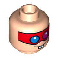 Tête de minifigurine Polka-Dot homme, double visage, masque rouge avec yeux bleus et rouges, Buck Dents, motif : expression neutre / effrayé [tenon creux] (Minifig Head Polka-Dot Man, Dual Sided, Red Eyemask with Blue and Red Eyes, Buck Teeth, Neutral / Scared Print [Hollow Stud])