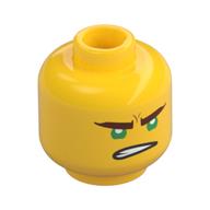 Tête de minifigurine Lloyd, sourcils brun rougeâtre, yeux verts, sourire bouche ouverte déséquilibrée / gritted dents motif imprimé (Minifig Head Lloyd, Reddish Brown Eyebrows, Green Eyes, Lopsided Open Mouth Grin / Gritted Teeth Print)