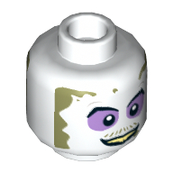 Tête de minifigurine Jus de coccinelle, double visage, fard à paupières pourpre, saleté autour du visage, motif : sourire / en colère [tenon creux] (Minifig Head Beetlejuice, Dual Sided, Purple Eye Shadow, Dirt Around Face, Smile / Angry Print [Hollow Stud])