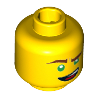 Tête de minifigurine Lloyd, sourcils brun rougeâtre, yeux verts, bouche ouverte asymétrique sourire motif imprimé [hollow tenon] (Minifig Head Lloyd, Reddish Brown Eyebrows, Green Eyes, Lopsided Open Mouth Grin Print [Hollow Stud])