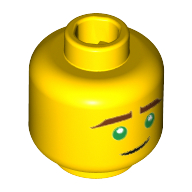 Tête de minifigurine Lloyd, sourcils brun rougeâtre, yeux verts, mince ligne noire courbe sourire motif imprimé [tenon creux] (Minifig Head Lloyd, Reddish Brown Eyebrows, Green Eyes, Thin Curved Black Line Smile Print [Hollow Stud])