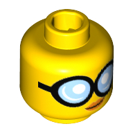 Tête de minifigurine GPL Tech, Grandes lunettes rondes avec verres bleu clair brillant, bouche fermée avec lèvres orange, motif imprimé sourire légèrement tordu [tenon creux] (Minifig Head GPL Tech, Large Round Glasses with Bright Light Blue Lenses, Closed Mouth with Orange Lips, Slight Crooked Smile Print [Hollow Stud])