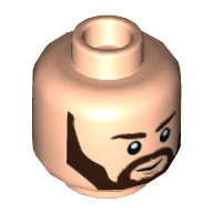 Tête de minifigurine rebelle, sourcils brun foncé, barbe angulaire, motif imprimé sourire (Minifig Head Rebel Trooper, Dark Brown Eyebrows, Angular Beard, Smile Print)