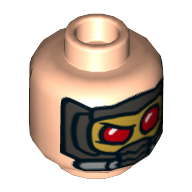 Tête de minifigurine star-seigneur (peter plume), sourcils, favoris, bouche ouverte sourire / masque aux yeux rouges motif imprimé (Minifig Head Star-Lord (Peter Quill), Eyebrows, Sideburns, Open Mouth Smile / Mask with Red Eyes Print)