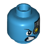 Tête de minifigurine Nebula, tête argentée plaque avec œil gauche de robot jaune, motif imprimé de cabochon lopside [tenon creux] (Minifig Head Nebula, Silver Head Plate with Yellow Robot Left Eye, Lopsided Scowl Print [Hollow Stud])