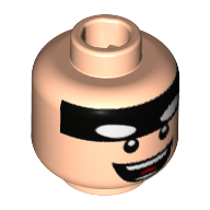 Tête de minifigurine Batman, bande noire sur le devant, grand sourire ouvert avec motif imprimé de dents [tenon creux] (Minifig Head Batman, Black Stripe on Forehead, Big Open Smile with Teeth Print [Hollow Stud])