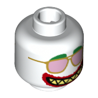 Tête de minifigurine Joker, sourcils verts, lunettes de soleil dorées et roses, Maquillage des lèvres rouges, Dents pointues, grand Bouche cendrée / grand bouche ouverte Motif imprimé (Minifig Head Joker, Green Eyebrows, Gold and Pink Sunglasses, Red Lips Makeup, Sharp Teeth, Wide Clenched Mouth / Wide Open Mouth Print)