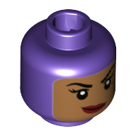 Tête de minifigurine Batgirl, Balaclava avec visage de nougat moyen, grain de beauté, motif imprimé sourire tordu [tenon creux] (Minifig Head Batgirl, Balaclava with Medium Nougat Face, Beauty Mark, Crooked Smile Print [Hollow Stud])