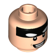 Tête de minifigurine Batman, bande noire sur le devant, motif imprimé de dents de sourire moyennes larges [tenon creux] (Minifig Head Batman, Black Stripe on Forehead, Broad Mean Smile Teeth Print [Hollow Stud])
