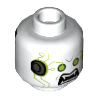 Tête de minifigurine Berserker, double visage, yeux vert citron, bouche en colère avec des crocs, plaques noires sur le dos motif imprimé [tenon creux] (Minifig Head Berserker, Dual Sided, Lime Eyes, Angry Mouth with Fangs, Black Plates on Back Print [Hollow Stud])