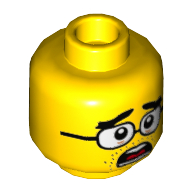 Tête de minifigurine nomis, sourcils épais, lunettes carrées, motif : air sévère / effrayé (Minifig Head Nomis, Thick Eyebrows, Square Glasses, Stern / Scared Print)