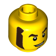 Tête de minifigurine de course voiture guy, sourcil brun foncé, favoris, et l'mouche sous la lèvre, motif : sourire en coin (Minifig Head Race Car Guy, Dark Brown Eyebrow, Sideburns, and Soul Patch, Smirk Print)
