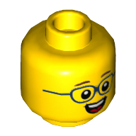 Tête de minifigurine, Sourcils bruns, Lunettes bleu foncé, bouche ouverte, dents (Minifig Head, Brown Eyebrows, Dark Blue Glasses, Open Mouth, teeth)