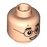 Tête de minifigurine Harry Potter, cicatrice de foudre, sourcils, lunettes, petit sourire montrant des dents motif imprimé (Minifig Head Harry Potter, Lightning Scar, Eyebrows, Glasses, Small Smile Showing Teeth Print)