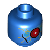 Tête de minifigurine OMAC, Grand œil Rouge en Panneau azur foncé, Motif imprimé Circuit Or [tenon creux] (Minifig Head OMAC, Large Red Eye in Dark Azure Panel, Gold Circuitry Print [Hollow Stud])
