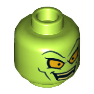 Tête de minifigurine Bouffon Vert, yeux jaunes, sourire menaçant, motif imprimé sur les dents [tenon creux] (Minifig Head Green Goblin, Yellow Eyes, Mean Smile, Teeth Print [Hollow Stud])