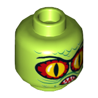 Tête de minifigurine Créature de marais, grands yeux de serpent rouge et jaune, écailles vertes, bouche avec motif imprimé de dents beige [tenon creux] (Minifig Head Swamp Creature, Large Red and Yellow Snake Eyes, Green Scales, Mouth with Tan Teeth Print [Hollow Stud])