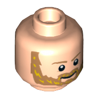 Tête de minifigurine Aquaman, Sourcils de nougat moyen et barbe avec reflets jaunes, motif imprimé sourire / féroce (Minifig Head Aquaman, Medium Nougat Eyebrows and Beard with Yellow Highlights, Smile / Fierce Print)