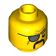 Tête de minifigurine Fusible, cache-œil en métal, cicatrice, rides, motif imprimé moustache de morse [tenon creux] (Minifig Head Fuse, Metal Eyepatch, Scar, Wrinkles, Walrus Mustache Print [Hollow Stud])