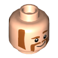 Tête de minifigurine duc caboom, côté brun rougeâtre brûlures, moustache, épais sourcils surélevés, sourire (Minifig Head Duke Caboom, Reddish Brown Side Burns, Moustache, Thick Raised Eyebrows, Smile)