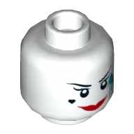 Tête de minifigurine Harley Quinn, sourcils fins, lèvres rouges, sourire, cœur sur les joues, tache de peinture azur foncé, motif : sourire / sourire bouche ouverte (Minifig Head Harley Quinn, Thin Eyebrows, Red Lips, Smile, Heart on Cheeks, Dark Azure Paint Splotch, Smile / Open Mouth Smile Print)