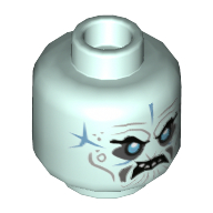 Tête de minifigurine blizzard samouraï, yeux bleu moyen, cicatrices bleu sable, en colère montrant des dents / éclats de glace sur motif imprimé œil droit (Minifig Head Blizzard Samurai, Medium Blue Eyes, Sand Blue Scars, Angry Showing Teeth / Ice Shards over Right Eye Print)